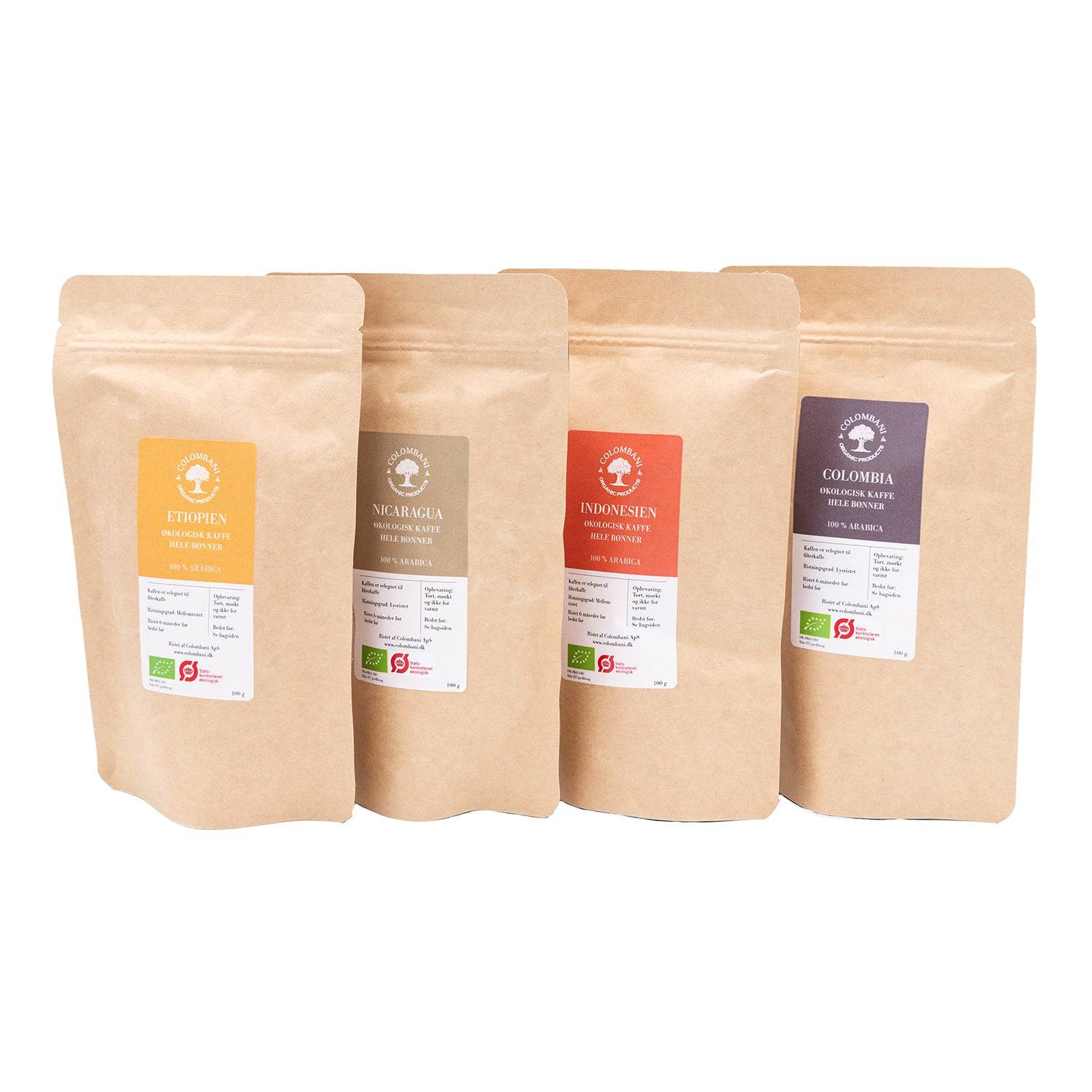 Smagspakke, lys og mellem risteprofil, 4 x 100 gram, hele kaffebønner, økologisk