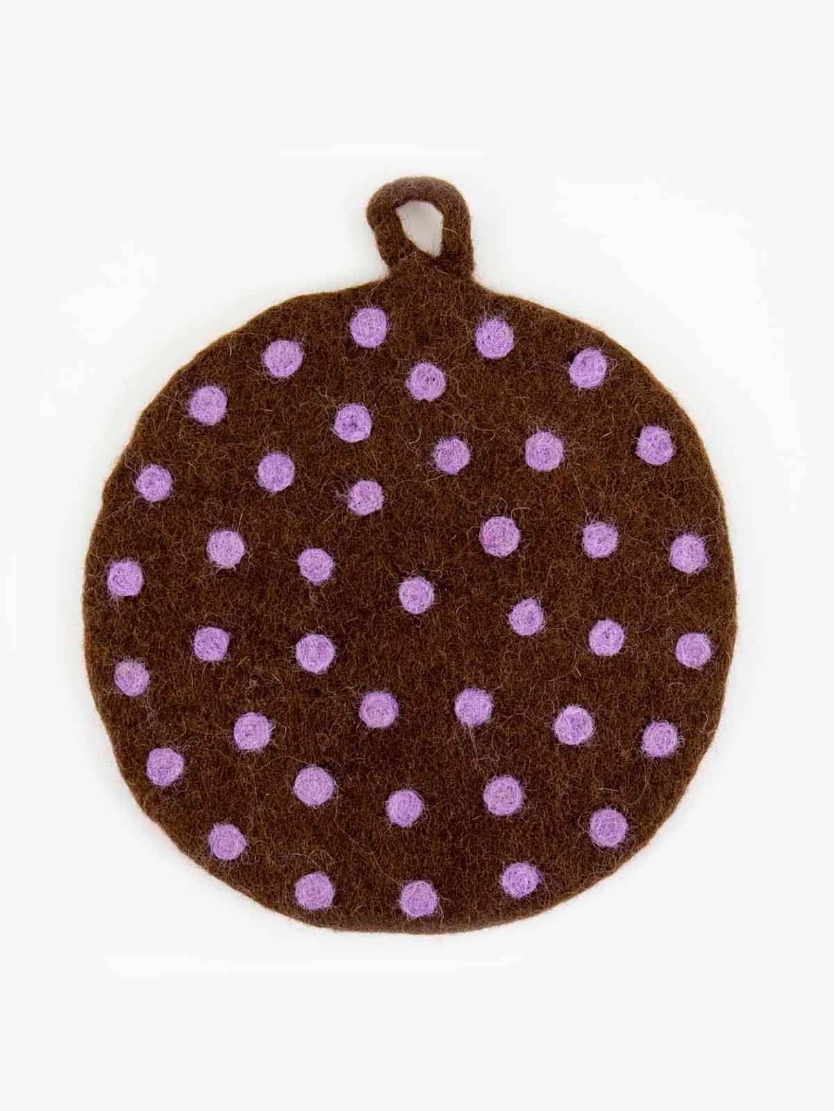 Grydelap i uld - Felt dot brun/lilla - Afroart.