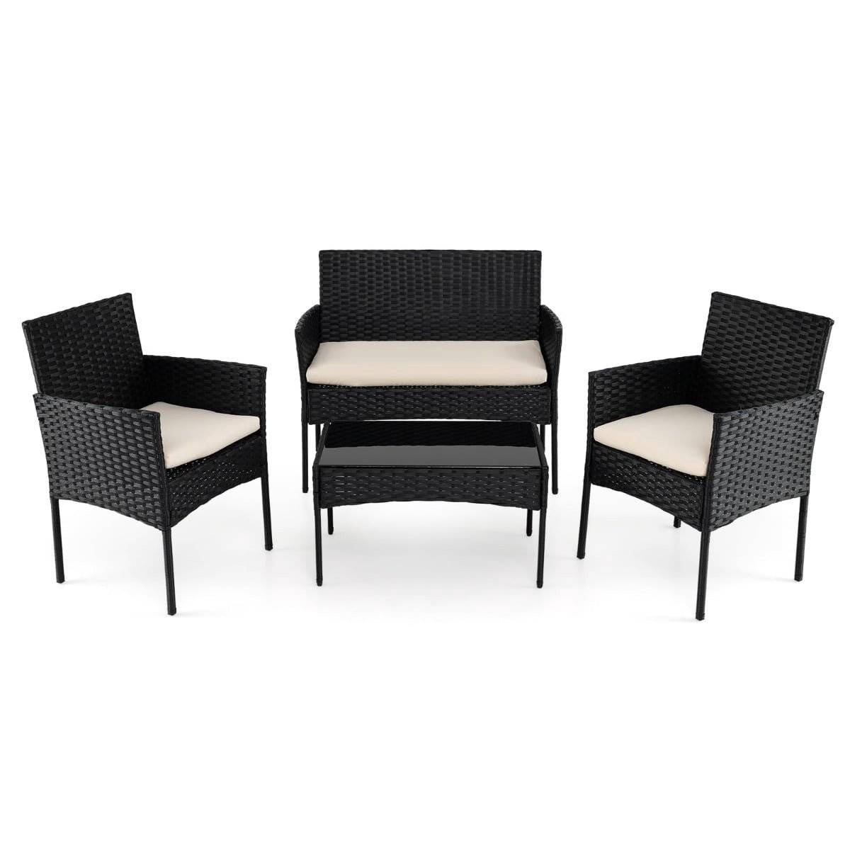 Rattan havemøbelsæt, 4 dele, hynder, glasplade