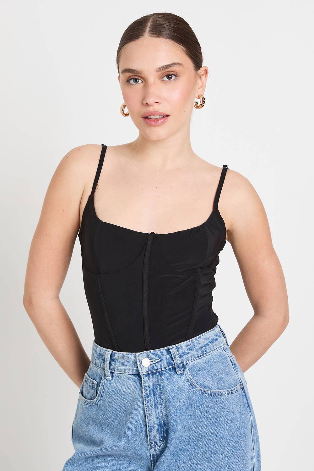 boohoo Dam Dubbelskikts Slinky Korsett-body Med Benstöd Och Remmar | Svart | Storlek 38