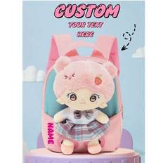 1 Customized Pink Large-Capacity Spring And Summer New Back-To-School Backpack, As The Main Color, With A Strawberry Decorated Hat To Match Look. Nylo - Pink