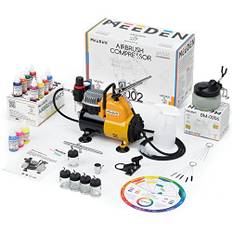 MEEDEN Airbrush Compressor Set med 24 Paint Set, 1/5HP Air Brush Set med Auto Stop 3 Dual-Action Airbrush Gun (0,25/0,35/0,5 mm) Tryckluftsmaskin med rengöringssats för Artist Model Making - 47dB