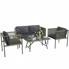 Loungegrupp i Rotting – 4-delars Balkongset med Glasbord & Mjuka Kuddar