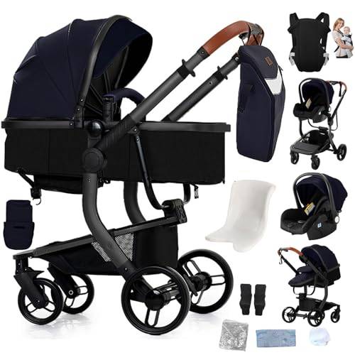 Reenborn Barnvagn 3-i-1, buggy med ett klick vikdesign, barnvagn med två vändbara skjutlägen, kombibarnvagn 3-i-1 komplett uppsättning ram aluminiumlegering (L518 svart blå)