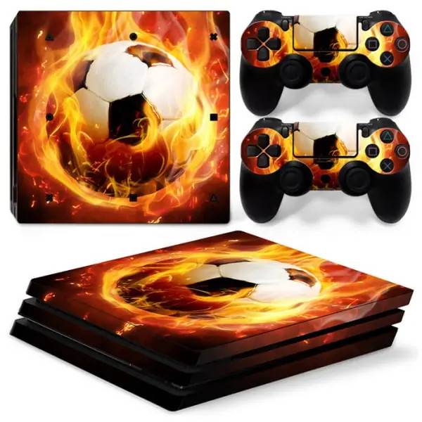 PS4 Pro skin til konsol og to controllere. Fodbold i flammer..
