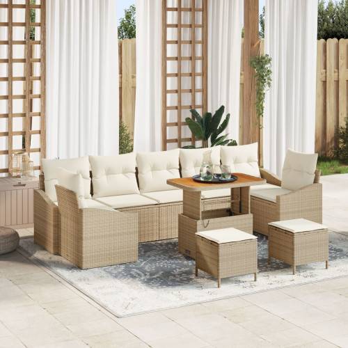 Trädgårdsoffset med kudde med lagring 10 pcs Beige Poly rattan