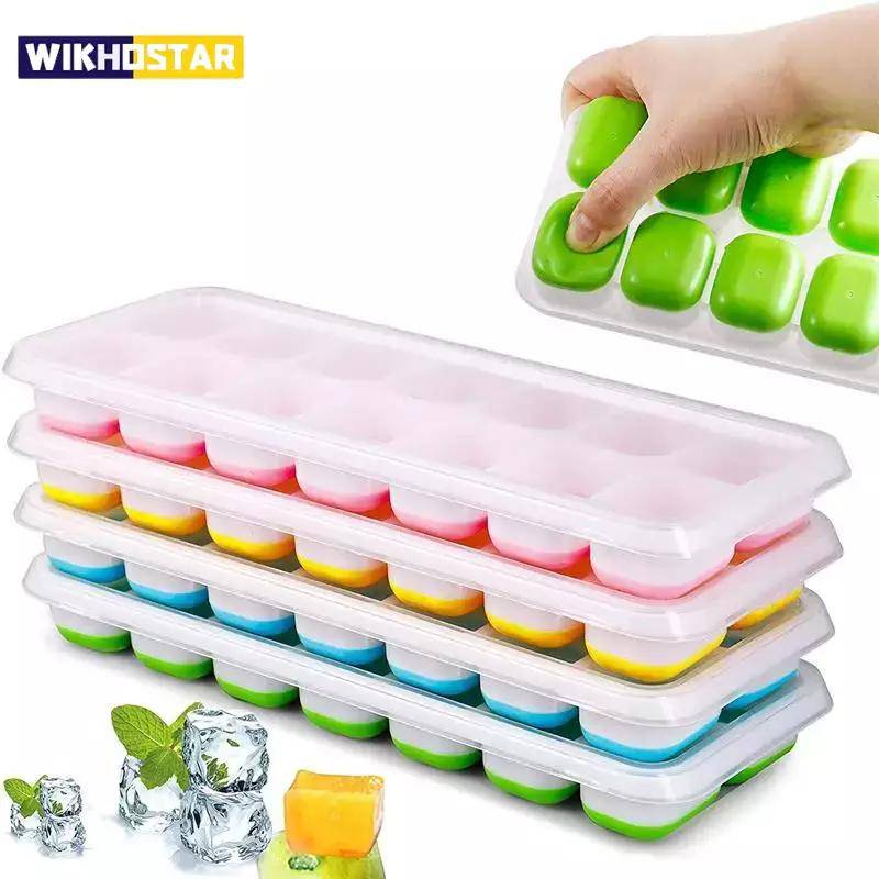 WIKHOSTAR 14 Grids Fruit Ice Maker Ice Cube Brickor Återanvändbara Silikon Ice Cube Form Lock för Hem Kök Verktyg Lämplig frys gul