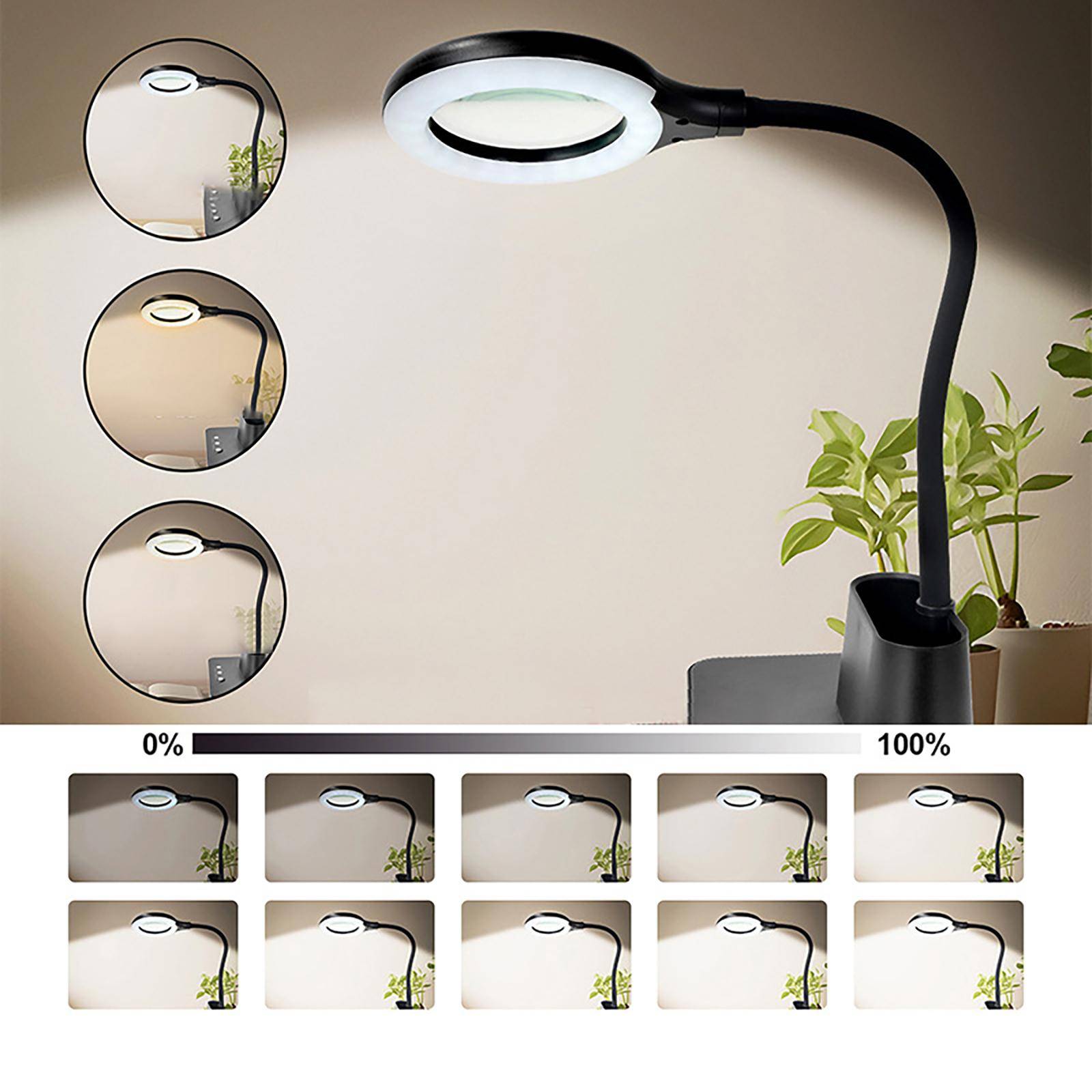 Uppladdningsbar förstoringsglas med 5x zoom, justerbar ljusstyrka och tre ljusfärger för exakta uppgifter och detaljarbete svart