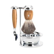 MÜHLE Vivo Rasierset kompatibel mit Gillette-Klingen, Dachshaar-Rasierpinsel, Halterung mit Schale - Olivenholz-Griffe