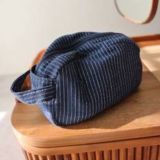Classic Striped Large Capacity Cosmetic Bag, Linen Fabric Dark Color Zipper Skincare Travel Organizer Tote Makeup Bag Makeup Bags Makeup Organizer Mak - Navy Blue
