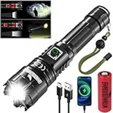Shadowhawk LED-ficklampa, extremt ljus, 50 000 lumen, USB-uppladdningsbara ficklampor, CREE XHP70.2 LED taktisk ficklampa, IP67 vattentät 5 ljuslägen zoombar för camping vandring nödsituationer