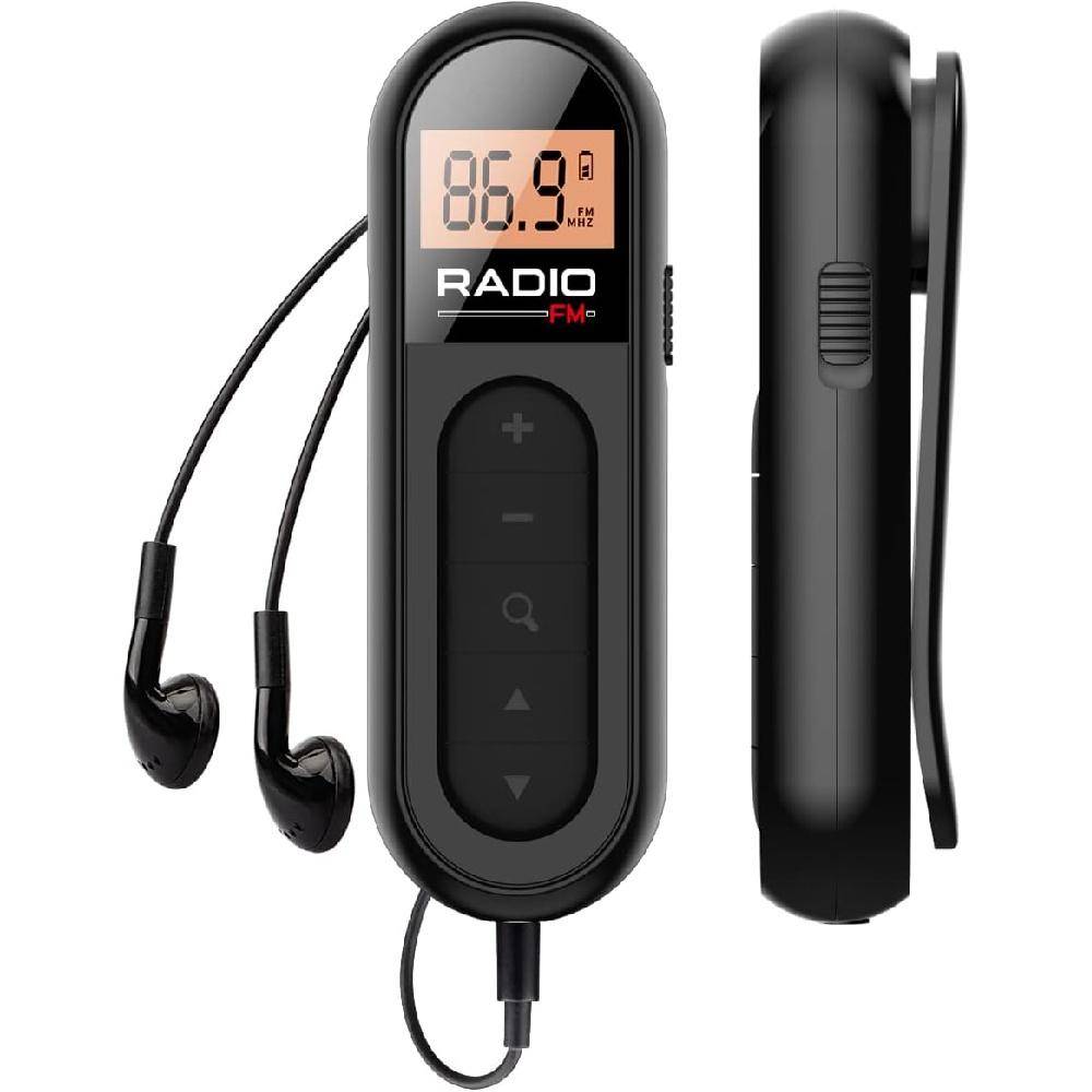 FM Walkman-radio, 300mAh uppladdningsbar bärbar transistorradio, digital LCD-inställning med bakgrundsbelysning, stereoljud, bältesklämma för svart