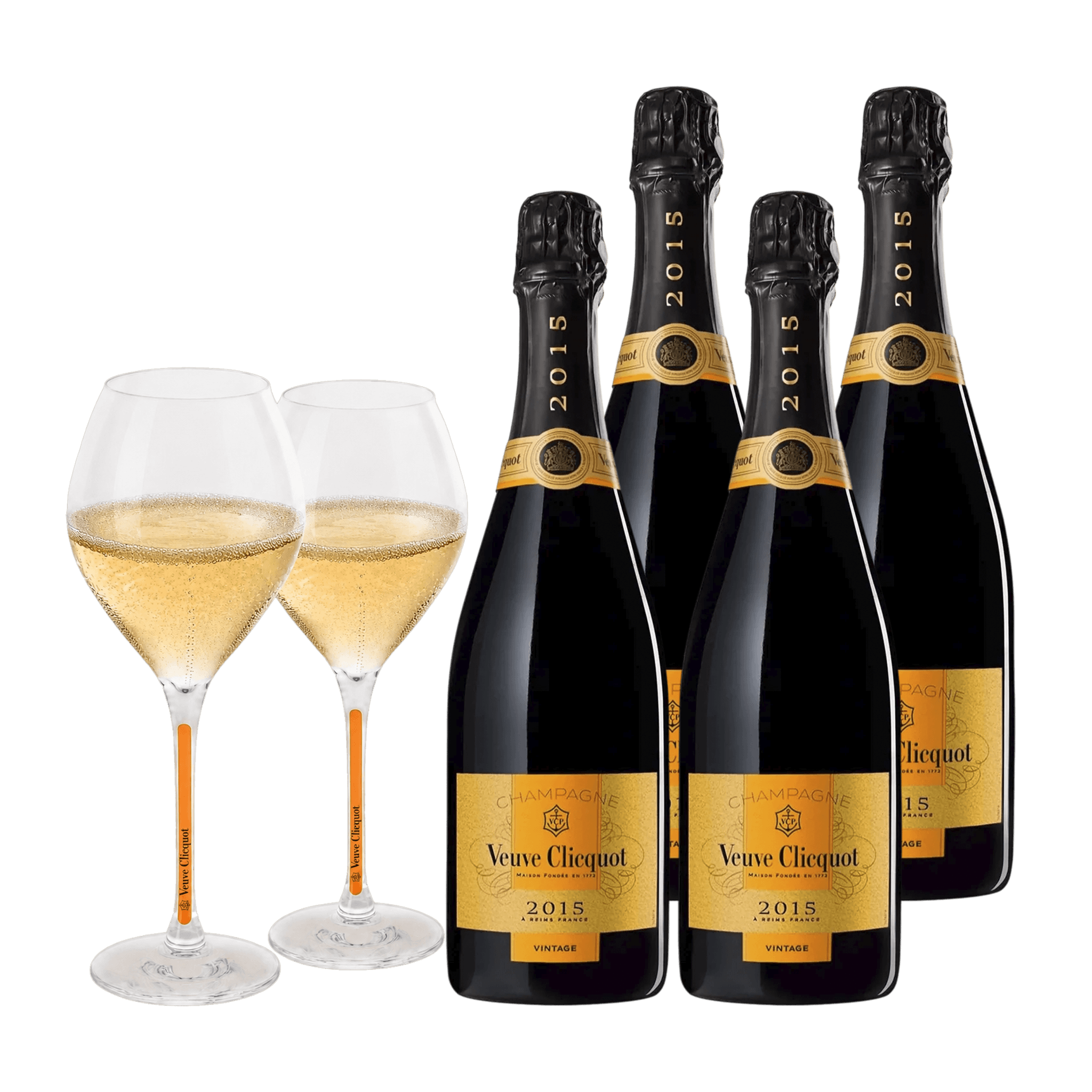 Champagne Veuve Clicquot Vintage 2015 75 cl. (4 stk. + 2 Veuve Clicquot glas)