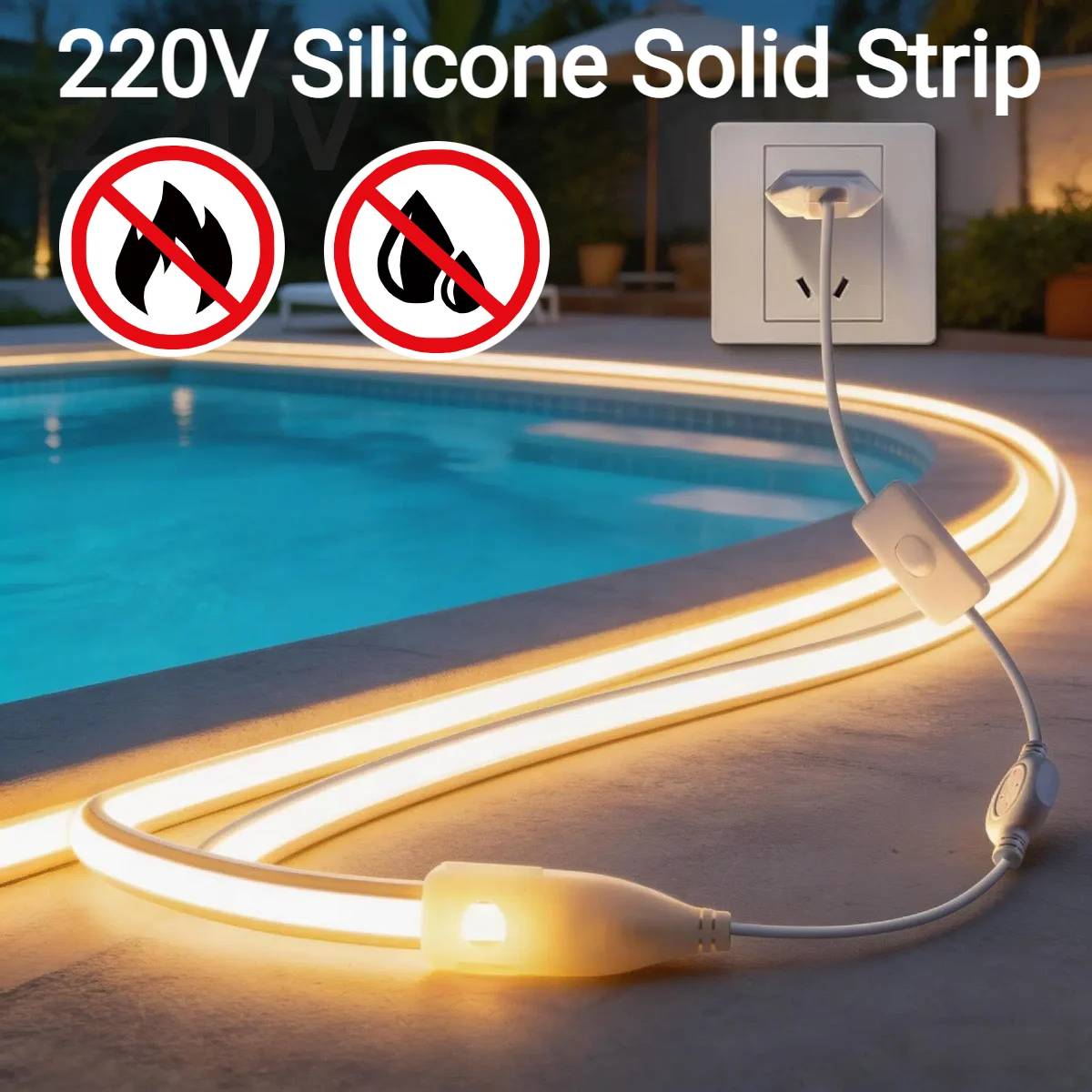 1-30M Outdoor Waterproof Solid COB Neon LED Strip Light EU 220V Pure Silicone Gel Tube Heat-Resistant For Villa Swimming Pool