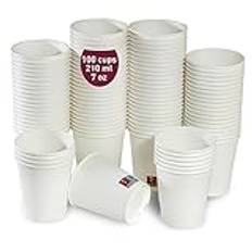 100 engångsmuggar för kaffe 200 ml / 7 oz i vit papp, idealiska för varma och kalla drycker