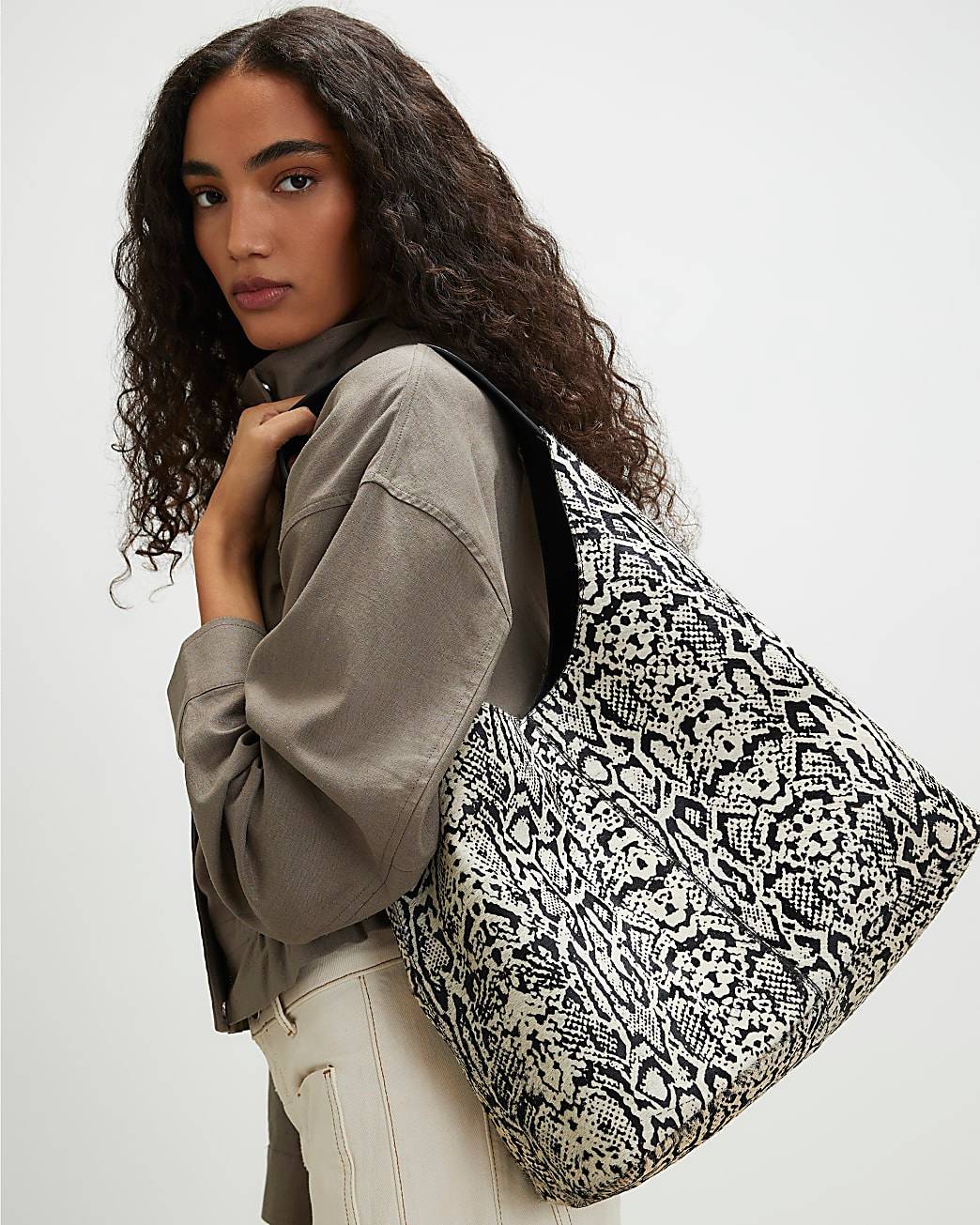 Beige Snake Hair on Leather Shoulder Bag