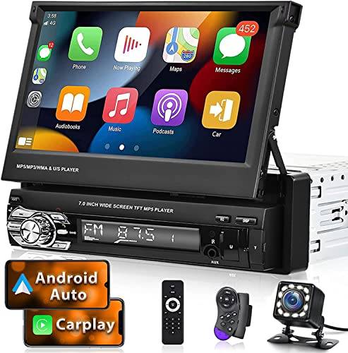 Hikity Apple CarPlay Bilradio 1 DIN med manuell Flip Out 7 tums pekskärmsradio med Android Auto Stöd Bluetooth USB/TF/AUX+Bakkamera