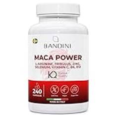 Bandini® MACA POWER 240 kapslar - 2 månaders leverans - Svart Maca + Arginine Kyowa® + Tribulus + Vitamin C + Zink + B6 + B12 + Selen - Förstärkare av vitalitet, styrka och energi - Vegansk, Glutenfri