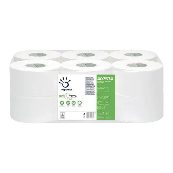 Papernet Mini Jumbo rulle bionedbrytbar 140Meter vit 2-lags lyx 12 rl