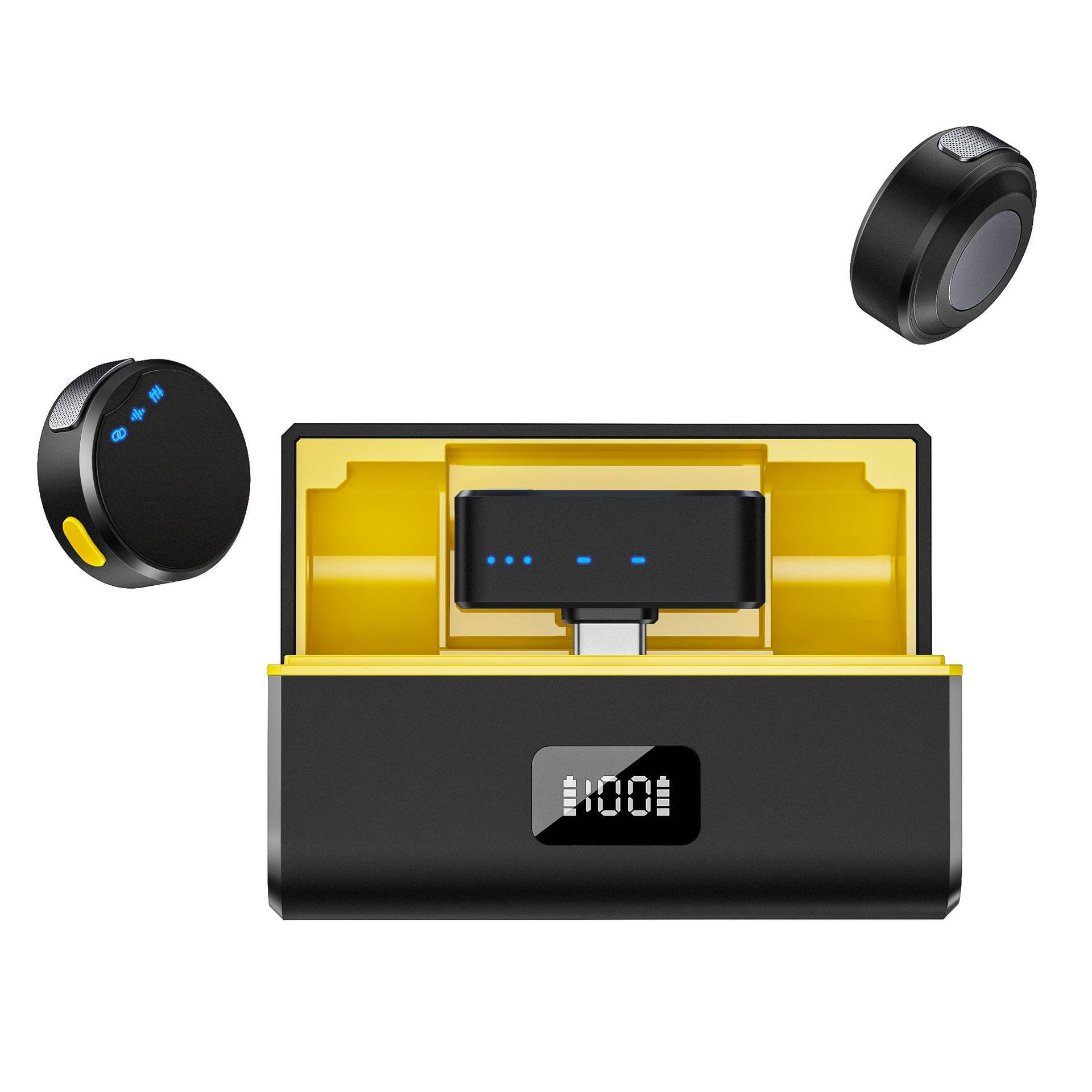 Wireless Collar Clip Microphone With Charging Bin Round One Drag Two Magnetic Button - Black And Yellow / Lightning Interface