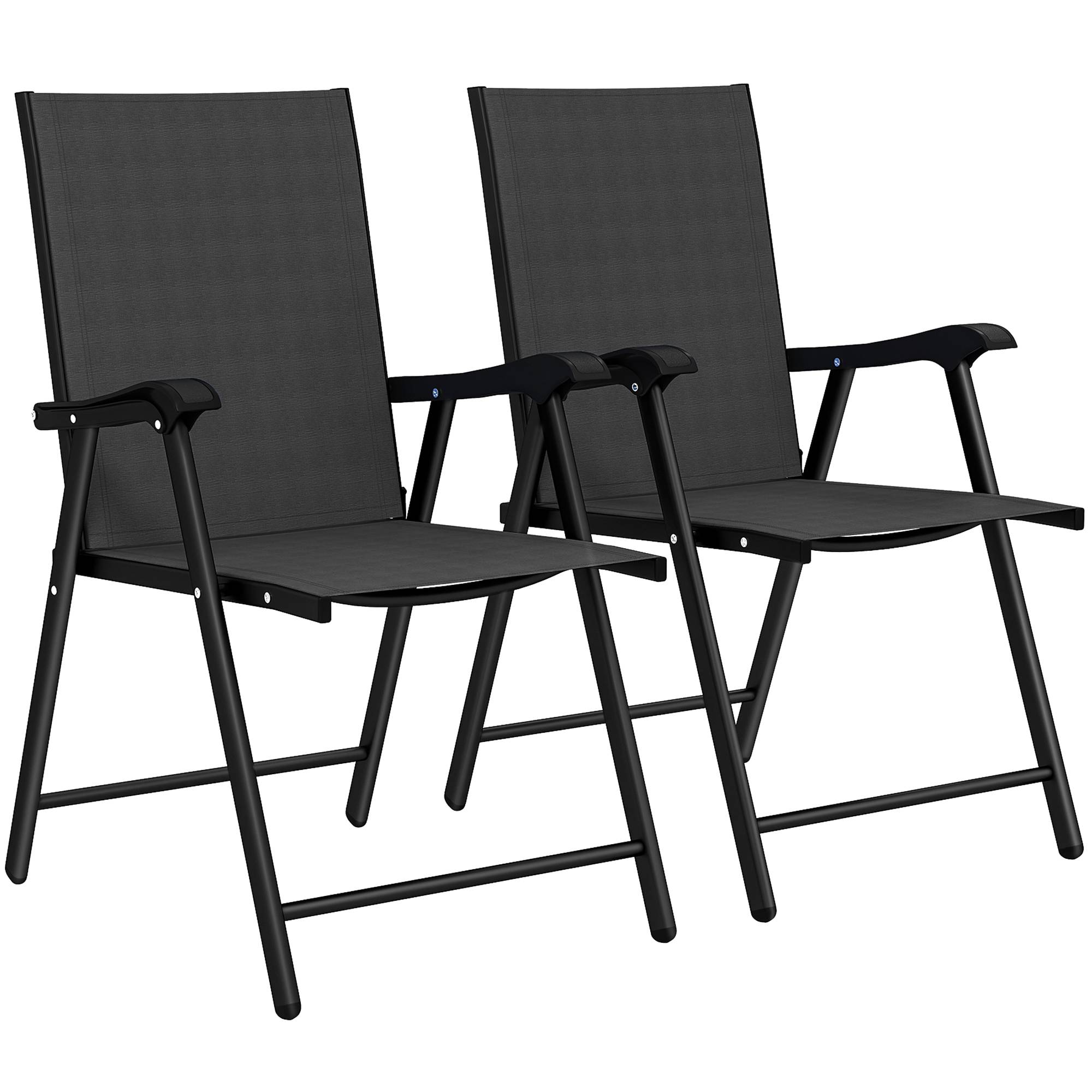 Outsunny Folding Garden Chairs Set of 2, Foldable Garden Dining Chairs with High Back, Armrests, Texteline Seat, Black