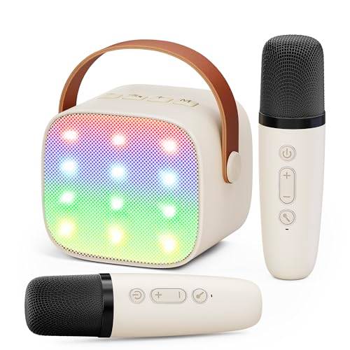 Ankuka Karaokemaskin för barn, minikaraokemaskin med 2 mikrofoner, bluetooth-högtalare med LED-lampor och röstförvrängare, gåva till flickor på 3–12 år (beige)