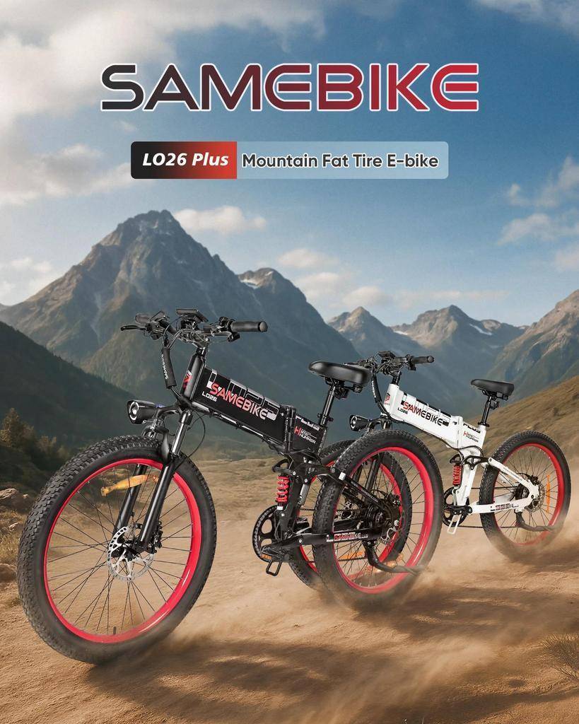 Den nya 2026 Ebike Samebike LO26Plus hopfällbara elcykeln är en 26-tums terrängcykel utrustad med ett löstagbart 48V 15Ah batteri. blå