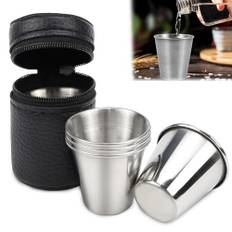 TYBYBB Snapsbägare rostfritt stål 4 stycken koppar i rostfritt stål 30 ml liten rostfritt stål mugg snaps, snapsglas stapelbara dryckeskoppar metallmugg med läderfodral för vandring camping utomhus