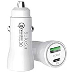 SoloZar 2 i 1 adapter 38 W dubbel port QC 3.0 och PD typ C Fast Car Phone Charger för smart telefon, kompatibel med iPhone, Samsung Galaxy, Xiaomi, Huawei, Google Pixel och mer