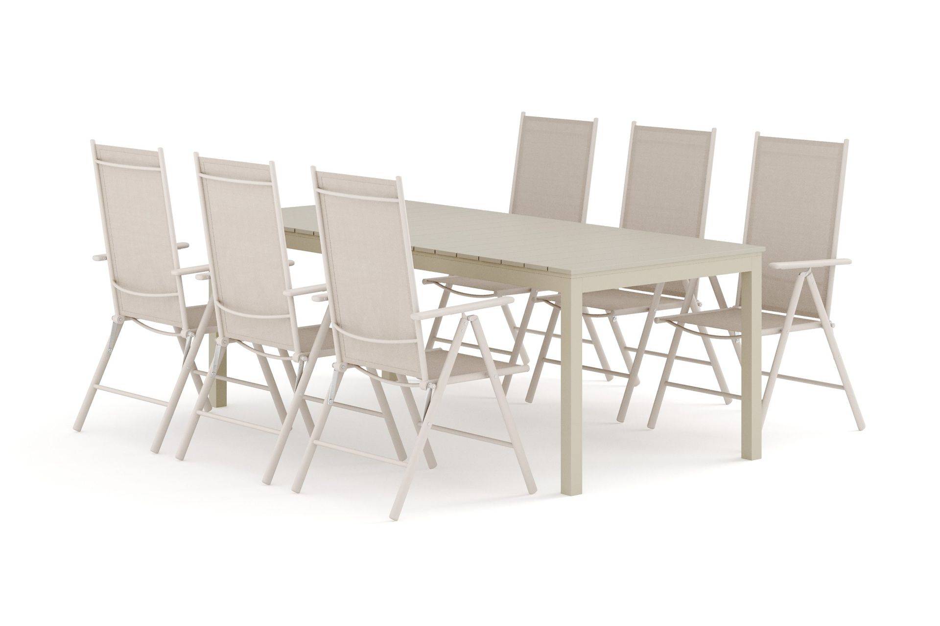 Tunis utomhus matgrupp förlängningsbart 205/305x90 cm med 6 Maggie positionsstolar - Beige/Beige Matgrupp Comfort Garden