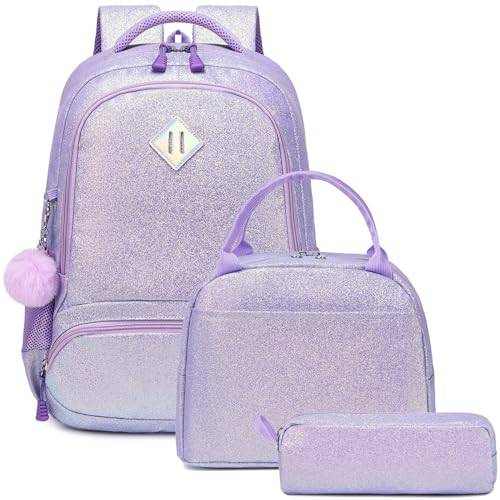 Skolväskor för flickor glitter ryggsäck regnbåge skolväska set enhörning ryggsäck för barn ryggsäck flickor vardaglig dagväska för skola, resor, Glitter violett, en storlek