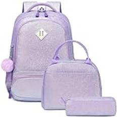 Skolväskor för flickor glitter ryggsäck regnbåge skolväska set enhörning ryggsäck för barn ryggsäck flickor vardaglig dagväska för skola, resor, Glitter violett, en storlek