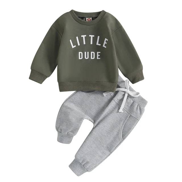 Mini Fashion™ - Tufft "Little Dude"-set i bomull Armégrön / Storlek 70 (0-6 månader) | Pedagogiska Träleksaker