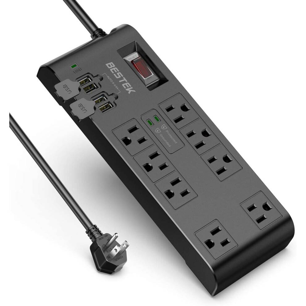 4.000 joule overspændingsbeskytter med USB, 1,8 meter forlængerledning, strømskinne med 8 AC-stikkontakter, 15 A, 1875 W, 5 V 4,2 A