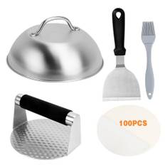 Dadabig 5 st 304 hamburgare i rostfritt stål, hamburgerlock, hamburgerpress, med hamburgerspatel och 100 st non-stick hamburgerpapper
