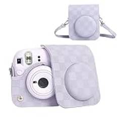 HIYQIN Kamerafodral kompatibelt med Fujifilm Instax Mini 12 Instant Camera, schackbrädestil kamera bärväska för Polaroid Instax Mini 12 med rem – lila