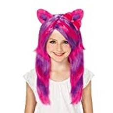 Lång peruk pastell och lila färgglad söt cosplay daglig festperuk med dubbla kattöron för barn med perukmössa
