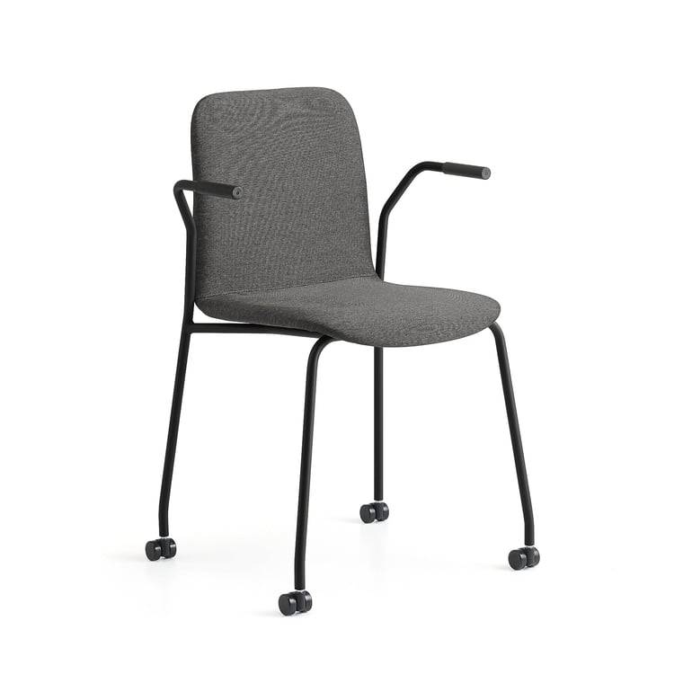 Stol LABELL, benstativ med hjul och armstöd, svart/mörkbrun