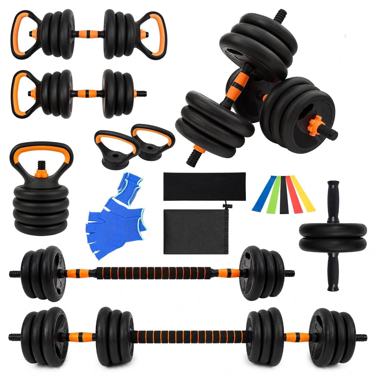 20kg 6-in-1 Multifunctional Adjustable Dumbbell Set With Barbell Kettlebell - Home Gym Weights Set For Men Women Includes Resistance Bands (5-pack), Headband, Ab Roller, Gloves & Storage Bag
