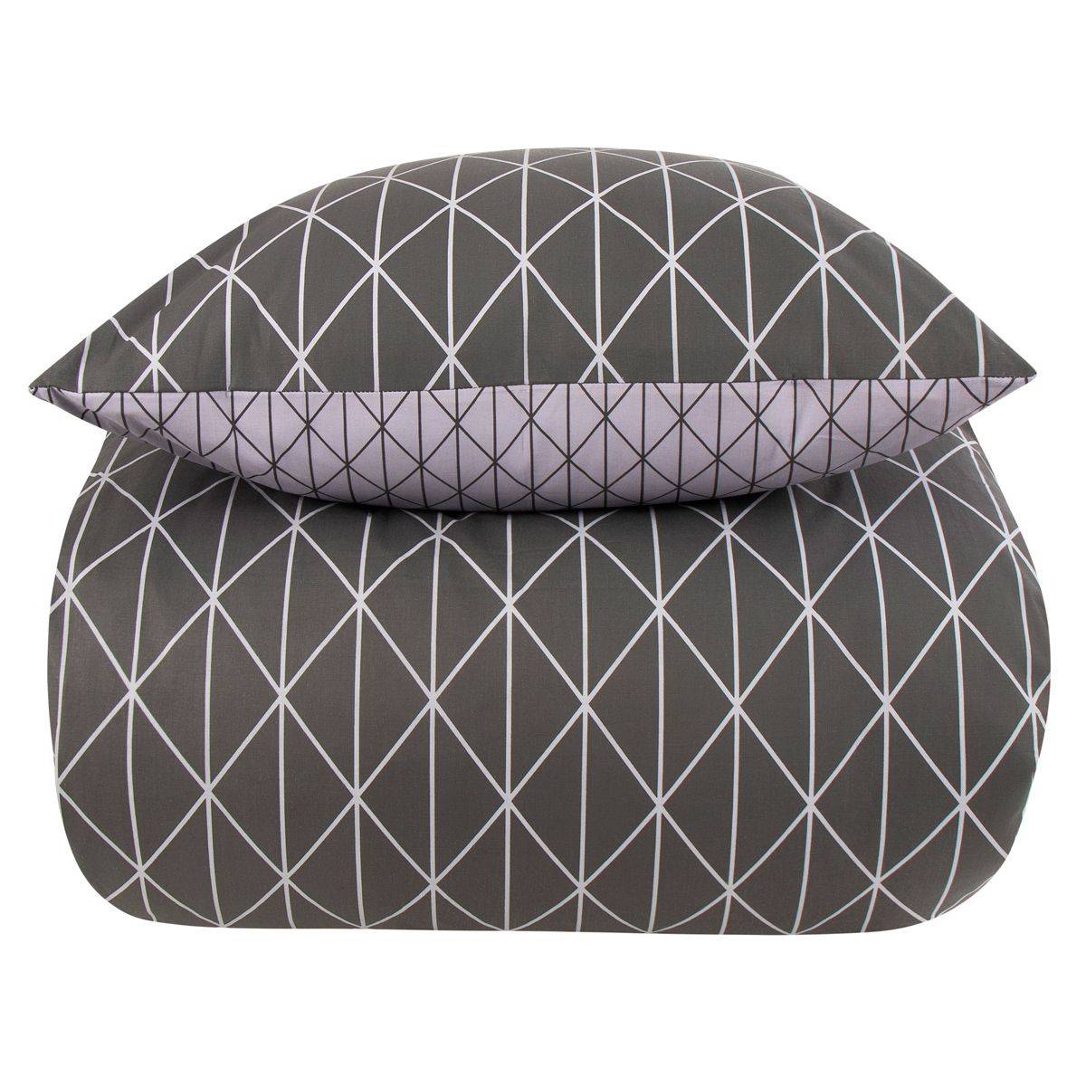 Dobbelt sengetøj 240x220 cm - 100% Bomuld - Vendbart med gråt harlequin design