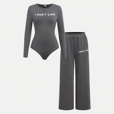 2st Dam Enkel rundhalsad långärmad jumpsuit & tunna träningsbyxor med vida ben, casual vardagskläder, lämplig för hösten - Grå (L,M,S,XL,XS,XXL,XXS,XXXL,XXXXL)