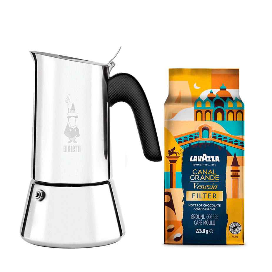 Bialetti Venus Elegance espressokanna med 4 koppar i stål inkl. Lavazza Tales of Italy Canal Grande 226,8 g malet kaffe