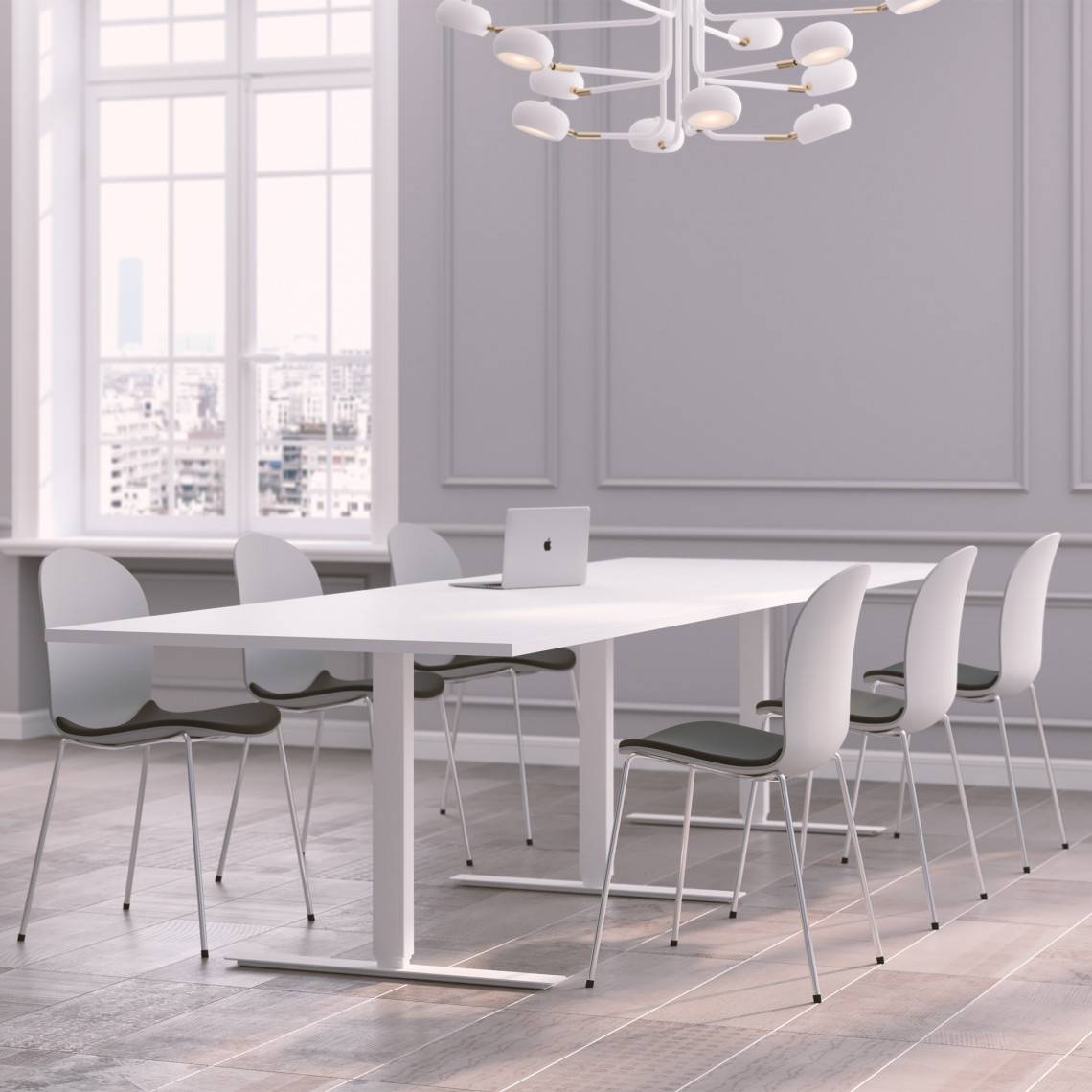 Konferencegruppe Modul + Noor 6050S, Størrelse 10 pladser (320 cm), Farve på stol Lysegrå, Farve på bord Hvid.
