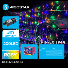 LED Netlys, RGBY 3M x 1.5M + 3M, 200LED - med Gennemsigtig Ledning, 8 Blinkfunktioner, Timer, IP44