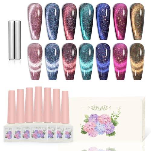 ADHERE 7 x 12 ml UV nagellacksset katt öga med magnet – glittrande glittrande rosa blå grön violett brun kattögonlack för naglar gellack