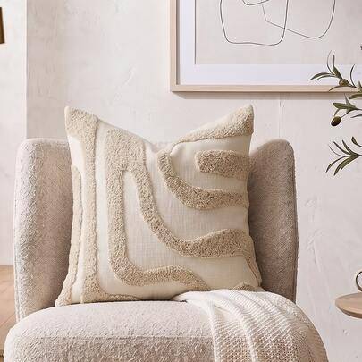 1 st estetiskt abstrakt tuftat prydnadskuddfodral – krämvit vågig linje med textur, dekorativt monokromt beige kuddfodral för soffa, fåtölj och säng, (45*45,30*50)
