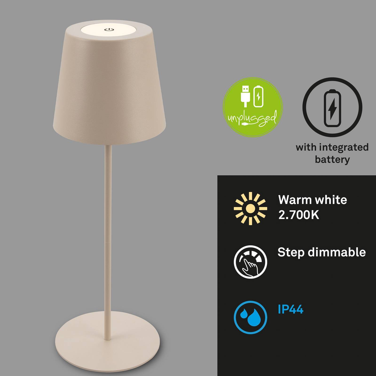 Briloner LED-bordslampa 7508011, beige, 2.700 K IP44 touchdimmer dimbar, Creme / bärnsten, Vardagsrum / matsal, Metall, Modern