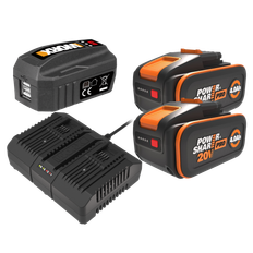 Worx 20V PowerShare Startsæt med 2 stk. 4,0Ah batteri, dobbelt lynlader og USB ladeaggregat