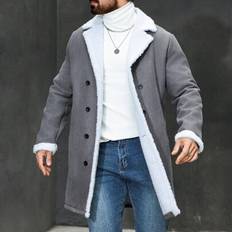 Herrknappstängning fram Långärmad Fuzzy Splicing Casual Jacka, Turtleneck Herr,Vinter Herrkläder,Her Flanell - Mörkgrå (L,M,S,XL,XXL)