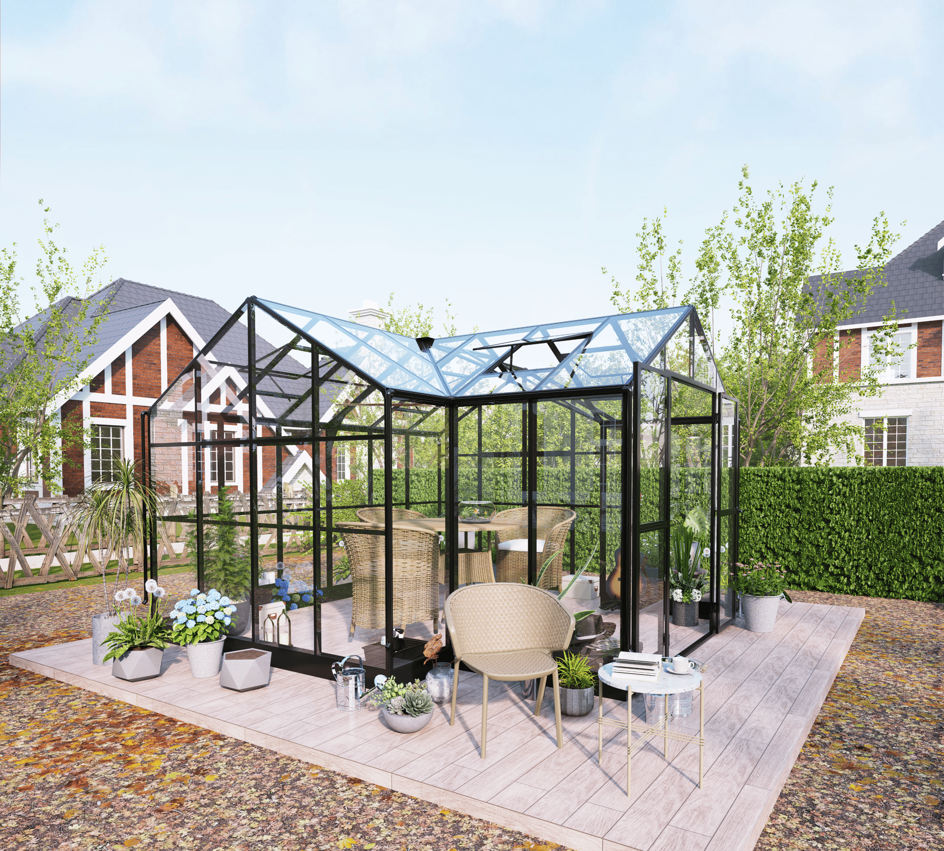 T-format växthus 12,4m² | 4mm säkerhetsglas & 6mm kanalplast 5 års ramgaranti - Växthus Svart Metall